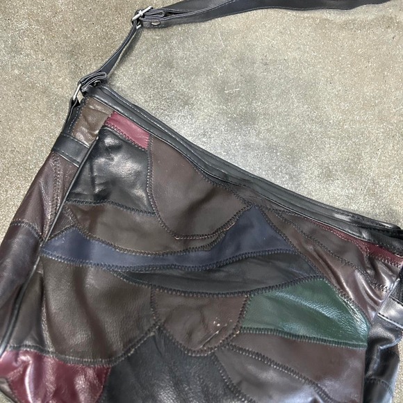 Vintage 90s Patchwork Black Leather Multicolor Retro Shoulder Bag - Picture 6 of 8